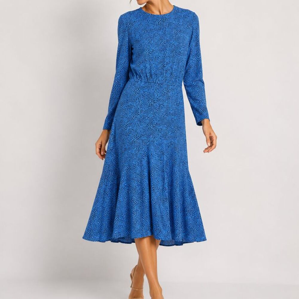 VTG Diane Von Furstenberg DVF Blue Black Print Midi Dress Ruffle Hem Long Sleeve